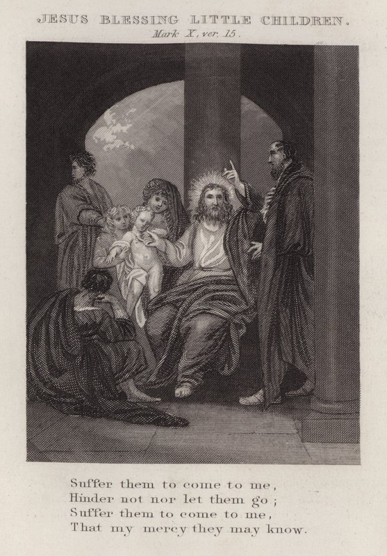 Jesús bendiciendo a los niños, Marcos X, versículo 15 (grabado) de English School