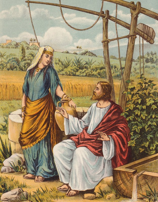 Jesús hablando con la mujer de Samaria (litografía en color) de English School