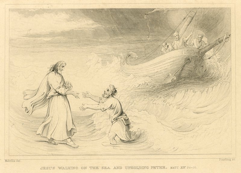Jesús caminando sobre el mar y sosteniendo a Pedro, Mateo XIV, 24-33 de English School