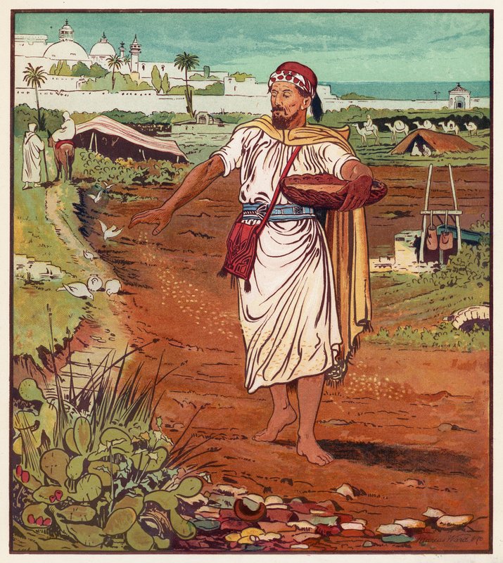 Las parábolas de Jesús: el sembrador y la semilla (litografia en color) de English School
