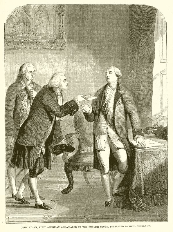 John Adams, primer embajador estadounidense en la corte inglesa, presentado al Rey Jorge III de English School