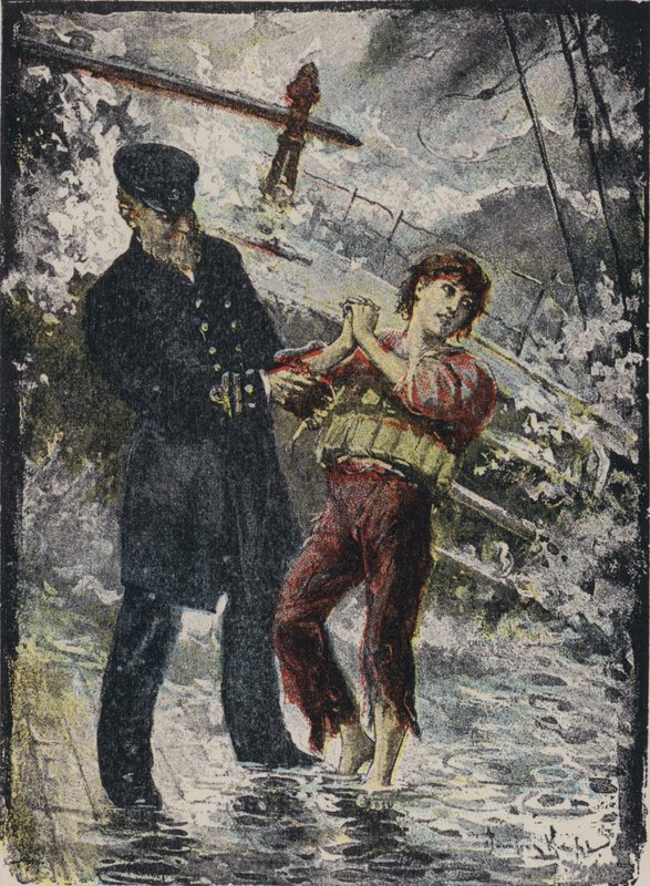 John Alexander Strachan, capitán del barco de vapor Cyprian, dando su chaleco salvavidas a un joven polizón antes de que el barco naufragara en un vendaval frente a la costa de Gales en 1881 (litografía en color) de English School