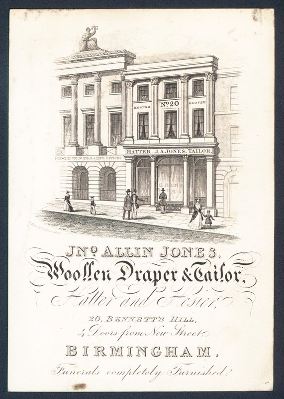 John Allin Jones, pañero y sastre, sombrerero y calcetero, tarjeta comercial de English School