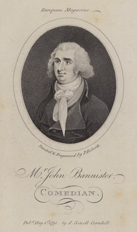John Bannister, actor inglés, comediante y gerente de teatro (grabado) de English School