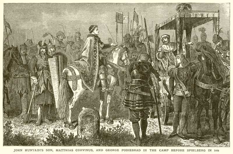 El hijo de Juan Hunyadi, Matías Corvino, y Jorge Podiebrad en el campamento ante Spielberg en 1468 de English School