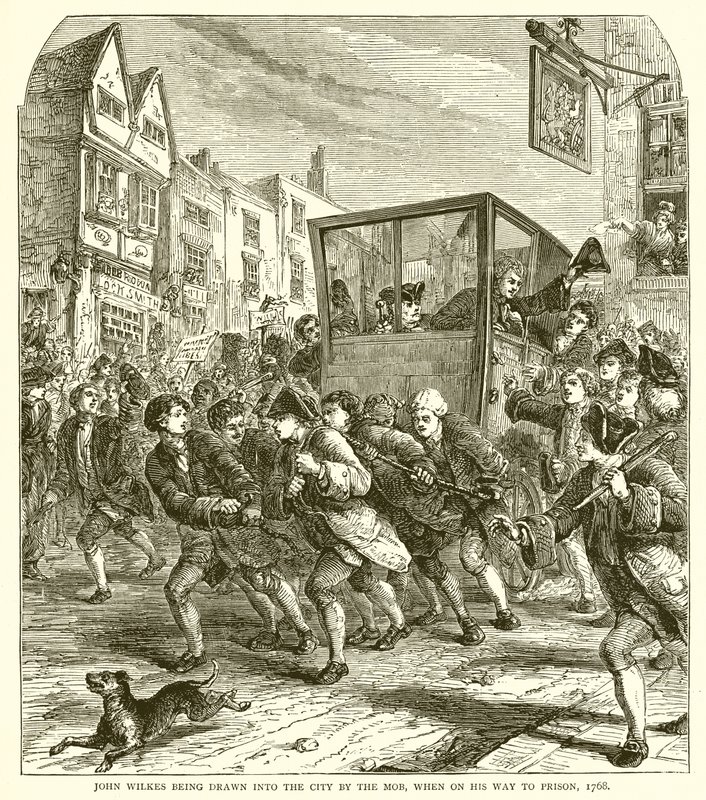 John Wilkes siendo llevado a la ciudad por la multitud, cuando iba camino a la prisión, 1768 de English School