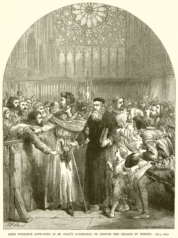 John Wycliffe apareciendo en la Catedral de San Pablo para responder a la acusación de herejía de English School