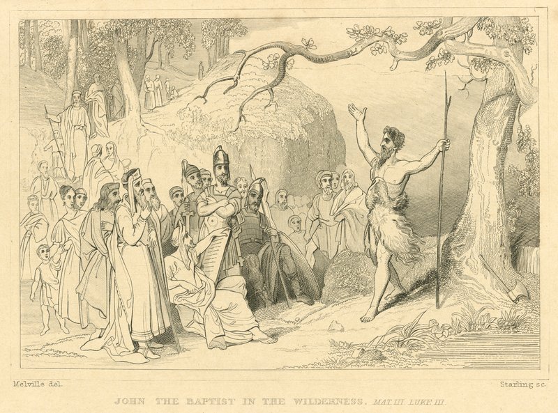 Juan Bautista en el desierto, Mateo III, Lucas III (grabado) de English School