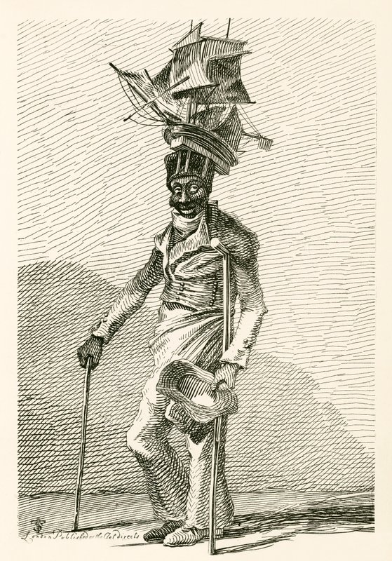 Joseph Johnson, un marinero negro, con un modelo del barco Nelson en su gorra de English School