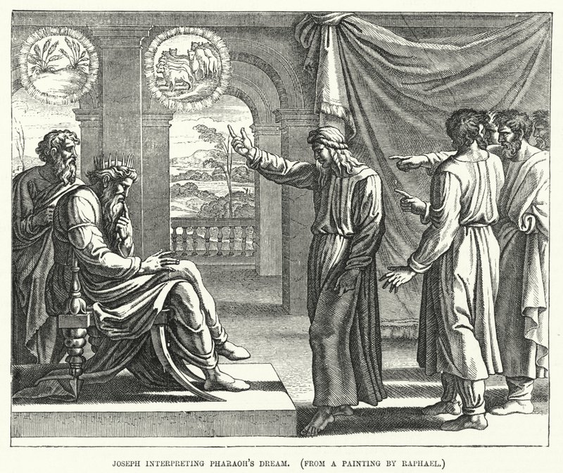 José interpretando el sueño del faraón, de una pintura de Rafael (grabado) de English School