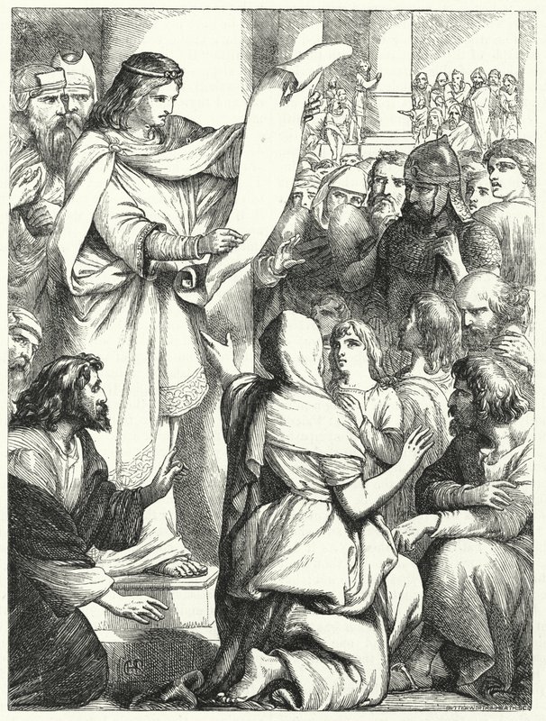 Josías, Rey de Judá, leyendo la Ley al pueblo (grabado) de English School