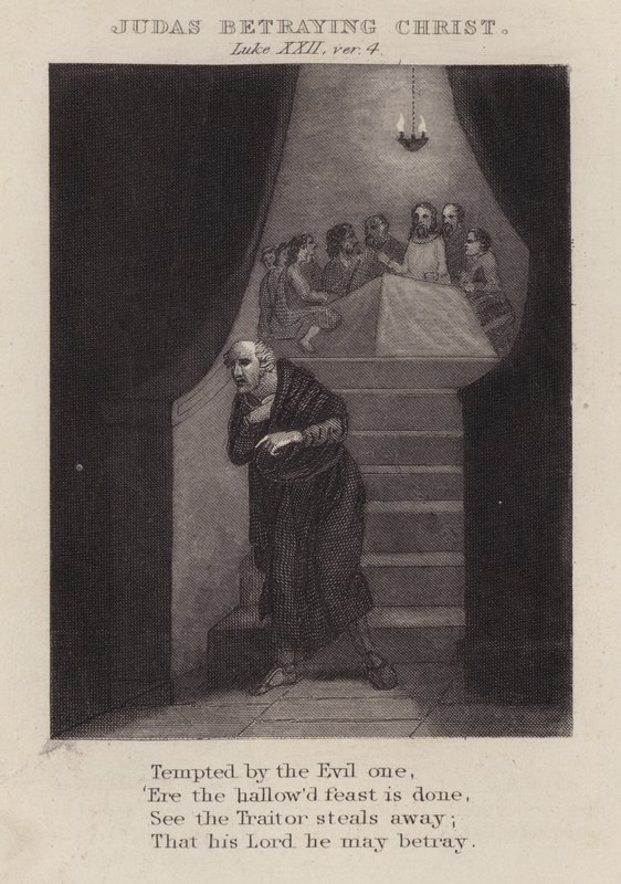 Judas traicionando a Cristo, Lucas XXII, versículo 4 (grabado) de English School