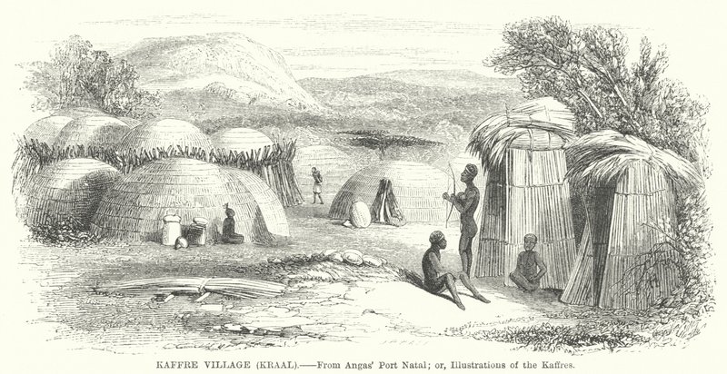 Pueblo Kaffre, Kraal (grabado) de English School
