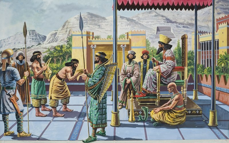 El rey Darío I (c.550-486 a.C.) recibiendo regalos en uno de sus palacios (gouache sobre papel) de English School