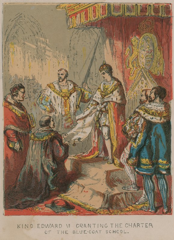 El Rey Eduardo VI otorgando la Carta de la Escuela Bluecoat de English School