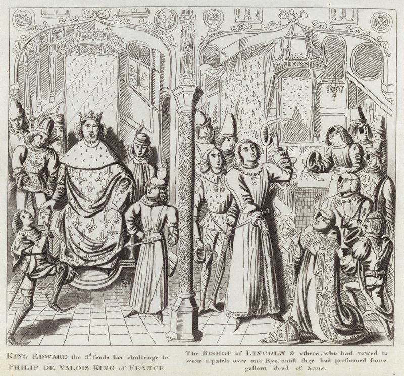 El rey Eduardo III envía su desafío a Felipe de Valois, rey de Francia, el obispo de Lincoln y otros, que habían jurado llevar un parche sobre un ojo hasta realizar alguna hazaña valiente de English School