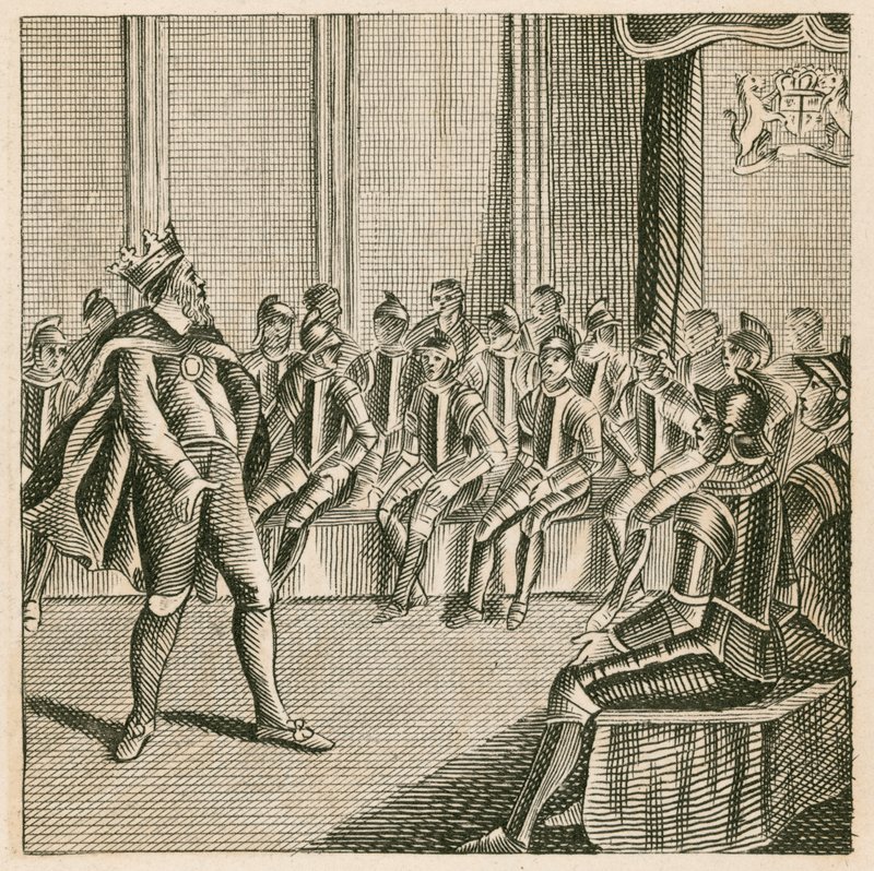 El rey Enrique III ingresa al parlamento y encuentra a los barones vestidos con armadura de English School