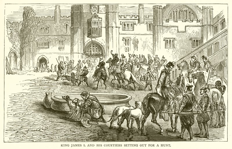 El rey Jacobo I y sus cortesanos partiendo para una cacería de English School