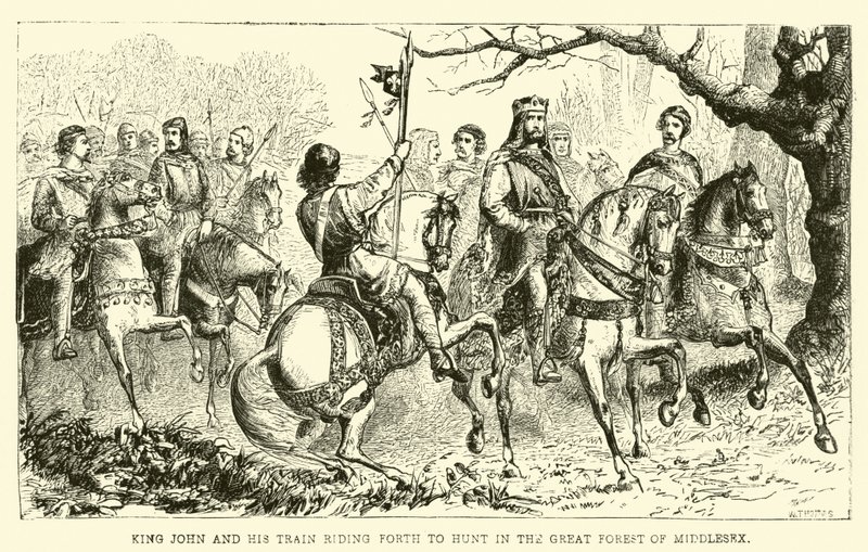 El Rey Juan y su séquito cabalgando para cazar en el Gran Bosque de Middlesex de English School