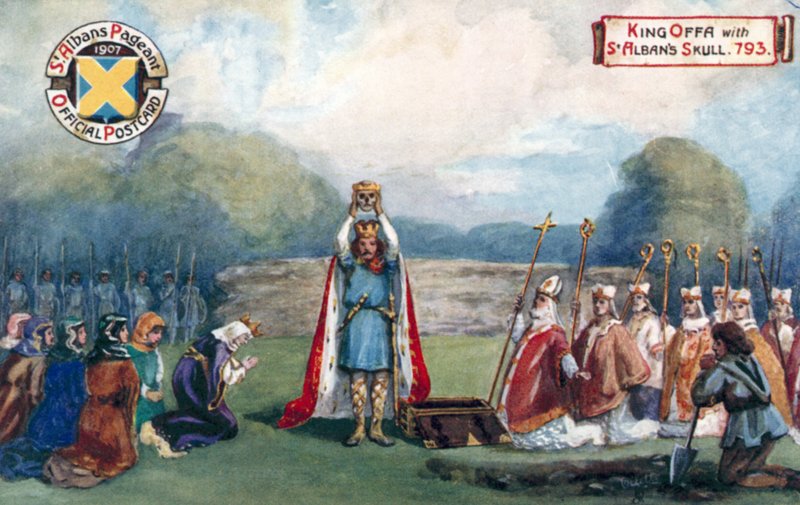 Rey Offa con el cráneo de San Albano, 793 de English School