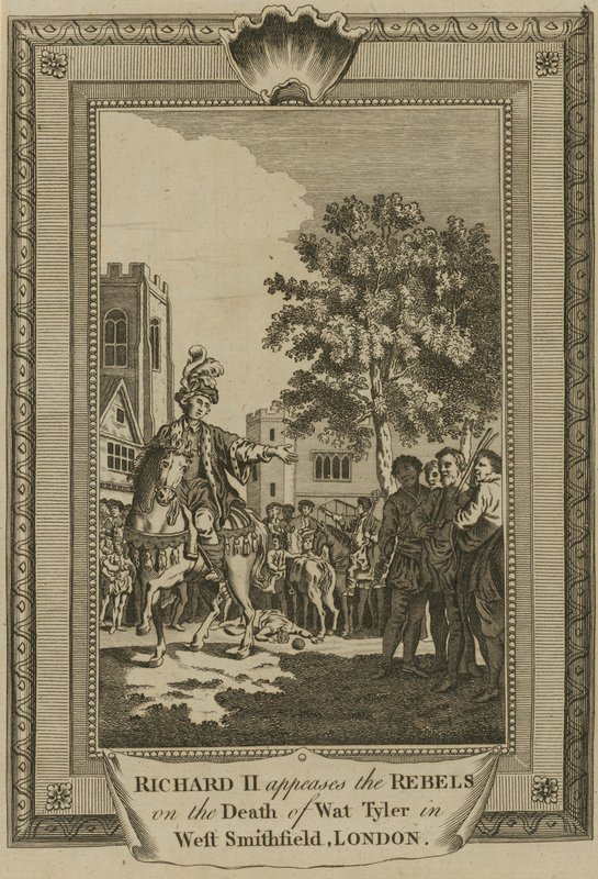 El Rey Ricardo II apacigua a los rebeldes tras la muerte de Wat Tyler en West Smithfield, Londres de English School