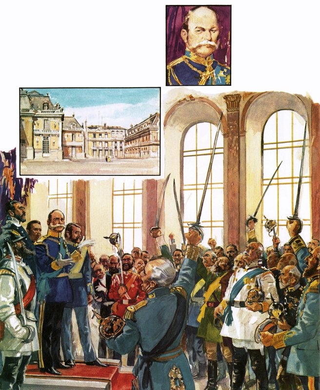 El rey Guillermo de Prusia anunciando el establecimiento de un Imperio Alemán unido en el palacio de Versalles de English School