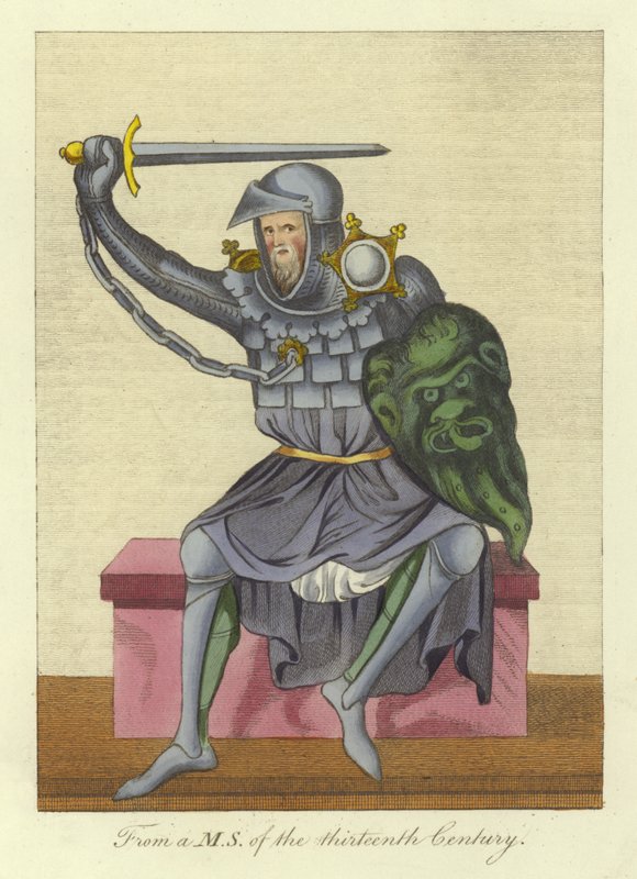 Caballero, posiblemente rey, en armadura, de un manuscrito del siglo XIII de English School