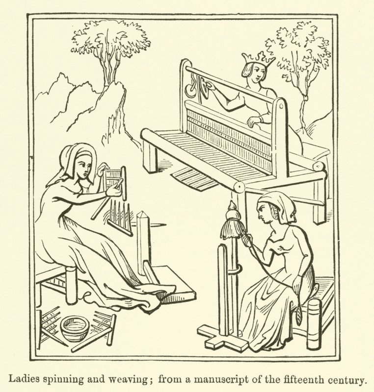 Damas hilando y tejiendo, de un manuscrito del siglo XV de English School