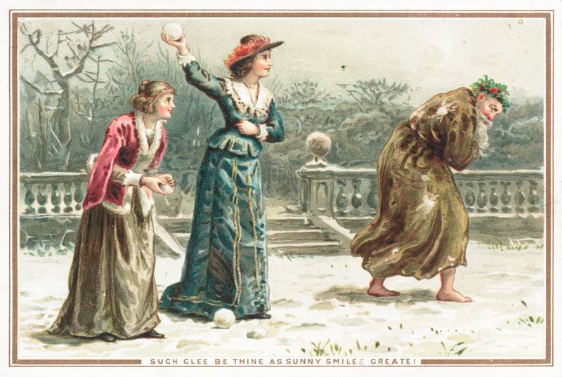 Señoras lanzando bolas de nieve a un anciano, Tarjeta de Navidad de English School