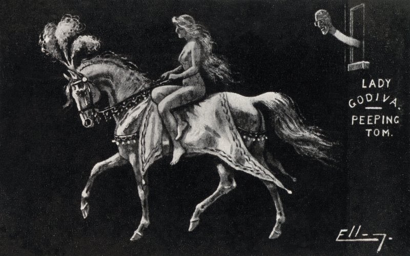Lady Godiva cabalgando desnuda a caballo por las calles de Coventry, observada por un Peeping Tom (litografía) de English School