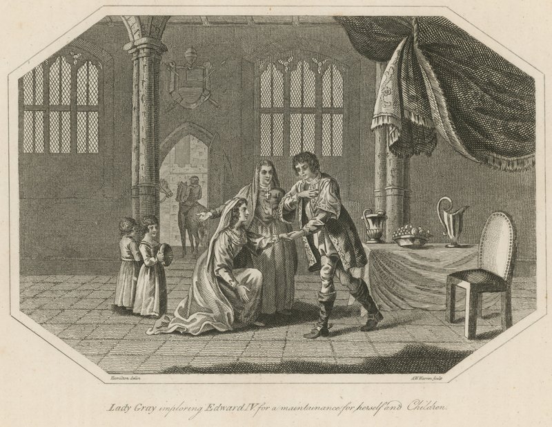 Lady Gray implorando al Rey Eduardo IV por un sustento para ella y sus hijos de English School