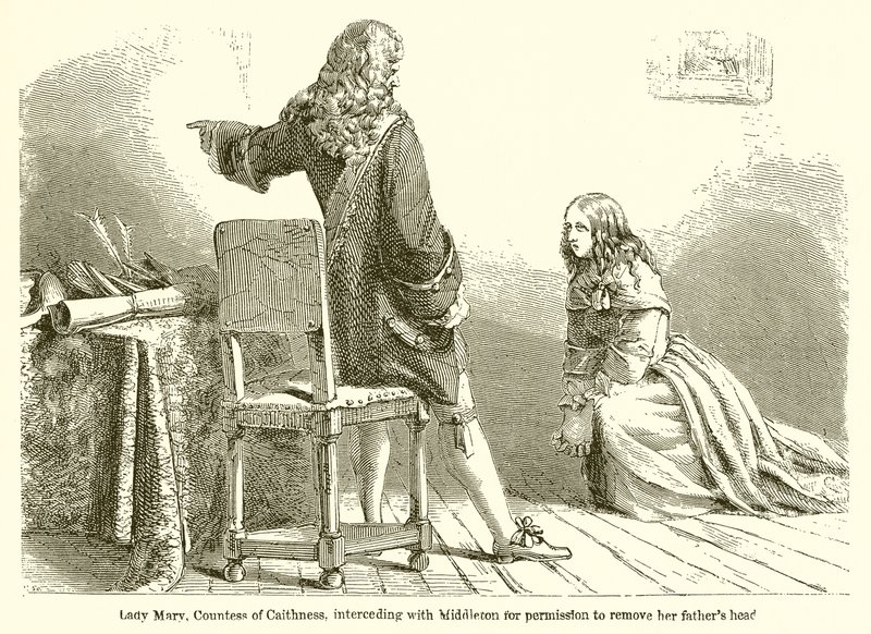 Lady Mary, Condesa de Caithness, intercediendo con Middleton para obtener permiso para retirar la cabeza de su padre de English School