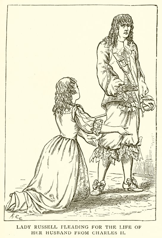 Lady Russell suplicando por la vida de su esposo a Carlos II de English School
