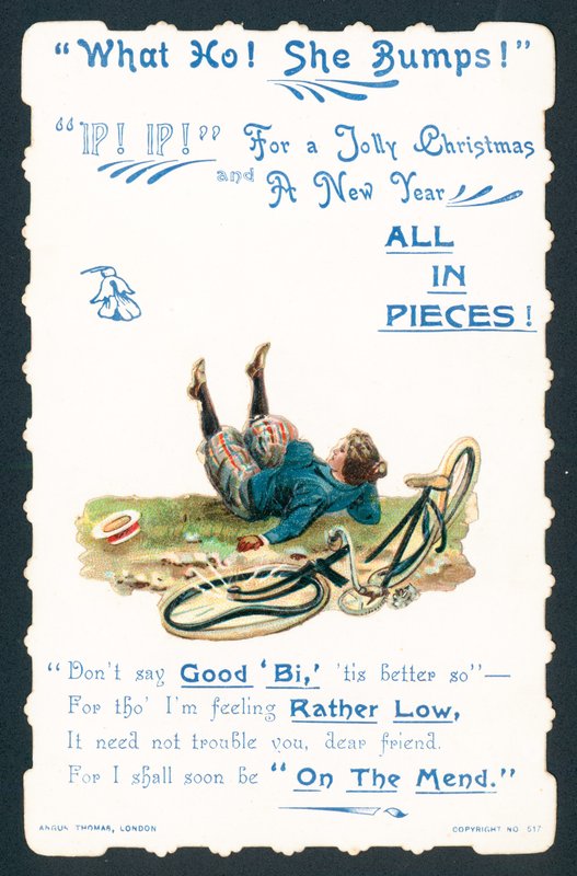 Dama cayendo de la bicicleta, tarjeta de Navidad de English School