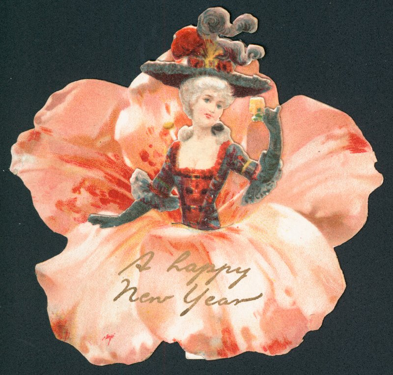 Dama con falda amarilla, tarjeta de Año Nuevo de English School