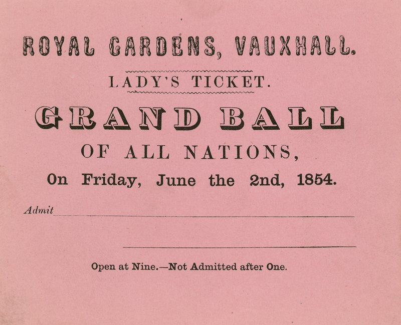 Entrada de dama, Vauxhall Gardens, Londres, para el 2 de junio de 1854 de English School