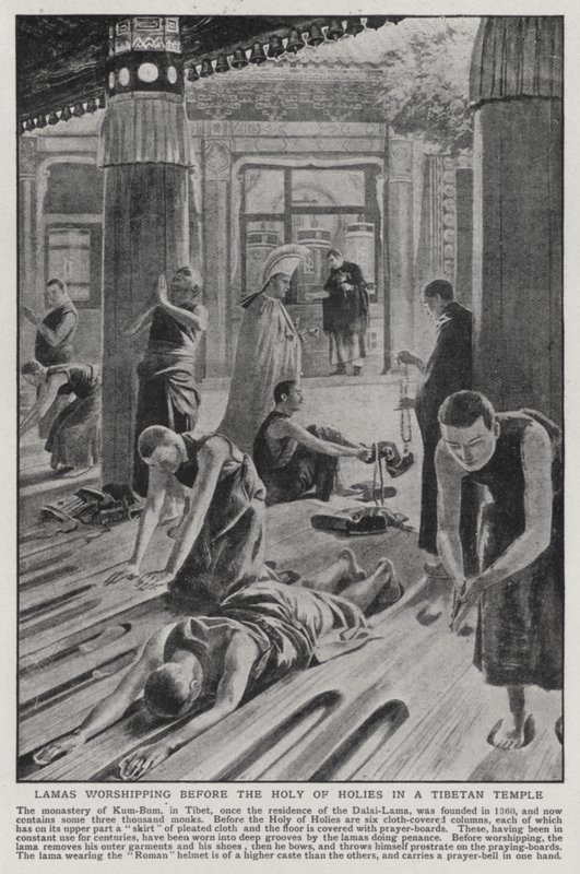 Lamas adorando ante el Santo de los Santos en un templo tibetano (litografía) de English School