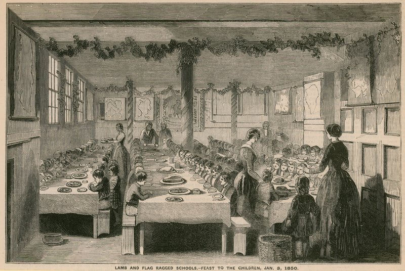 Escuela Ragged de Lamb and Flag, banquete para los niños, 3 de enero de 1850 de English School