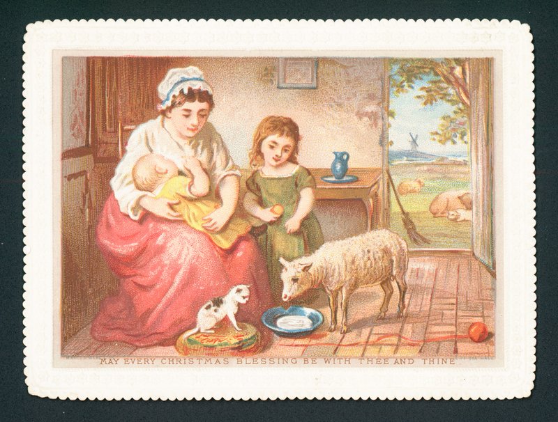Cordero bebiendo leche en la cocina, tarjeta de Navidad de English School