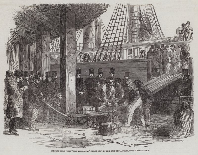 Descargando Oro del Barco de Vapor "El Australiano," en los Muelles de la India Oriental (grabado) de English School