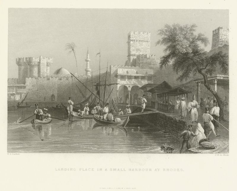 Lugar de desembarco en un pequeño puerto en Rodas, 1837 de English School