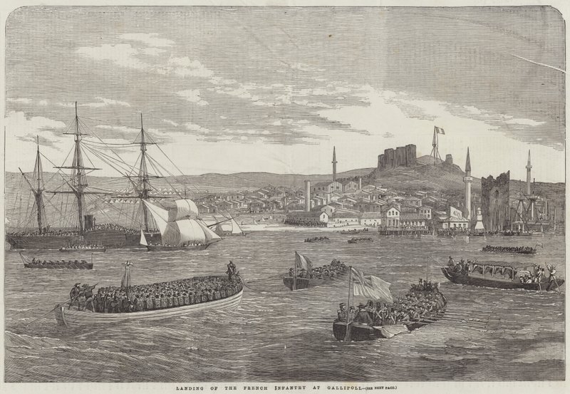 Desembarco de la infantería francesa en Gallipoli (grabado) de English School