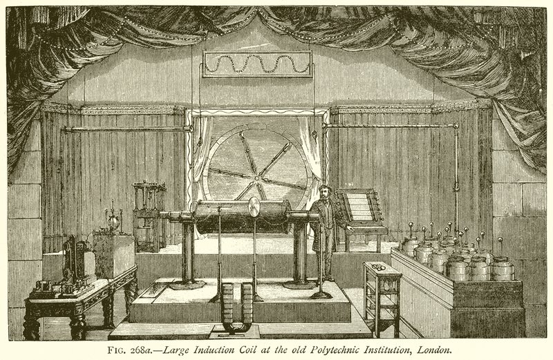 Gran bobina de inducción en la antigua Institución Politécnica, Londres de English School
