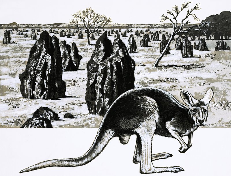 Grandes montículos de termitas cerca de Darwin, Australia, y un canguro en primer plano de English School