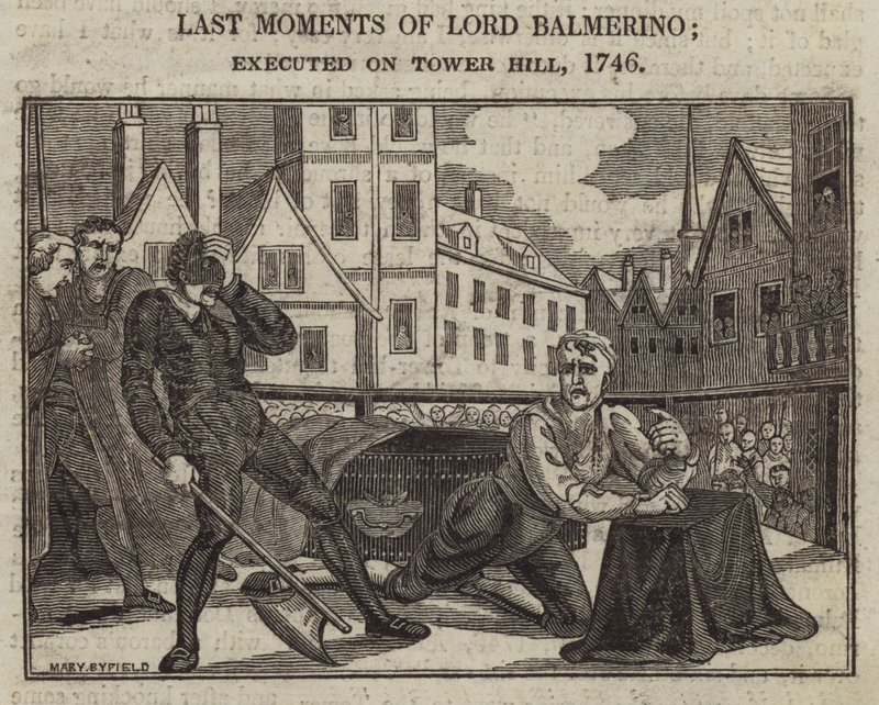 Últimos momentos de Lord Balmerino; ejecutado en Tower Hill de English School