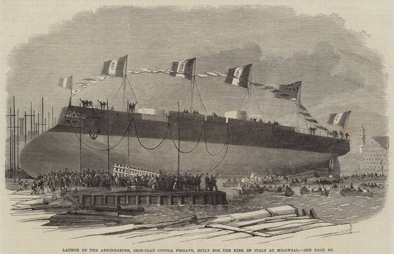 Lanzamiento del Affondatore, Fragata Acorazada de Cúpula, construida para el Rey de Italia en Millwall, 1865 de English School