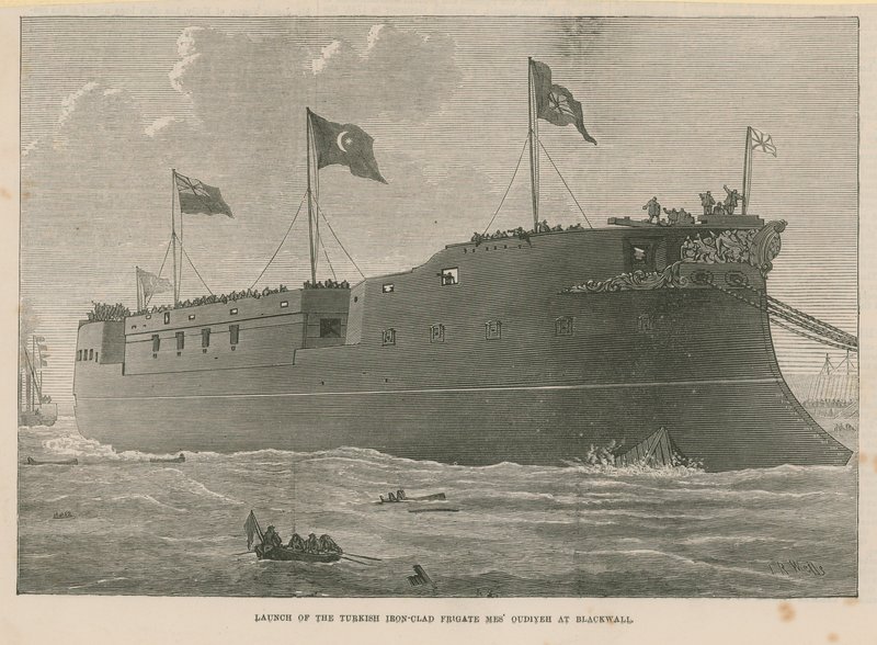 Lanzamiento de la fragata acorazada turca Mes Oudiyeh en Blackwall de English School