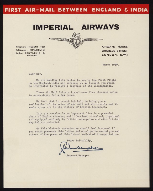 Lanzamiento del primer servicio de correo aéreo entre Inglaterra e India por Imperial Airways en marzo de 1929 de English School