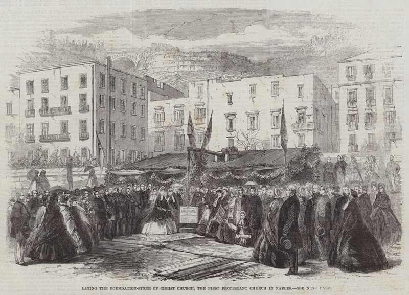 Colocación de la primera piedra de la Iglesia de Cristo, la primera iglesia protestante en Nápoles (grabado) de English School