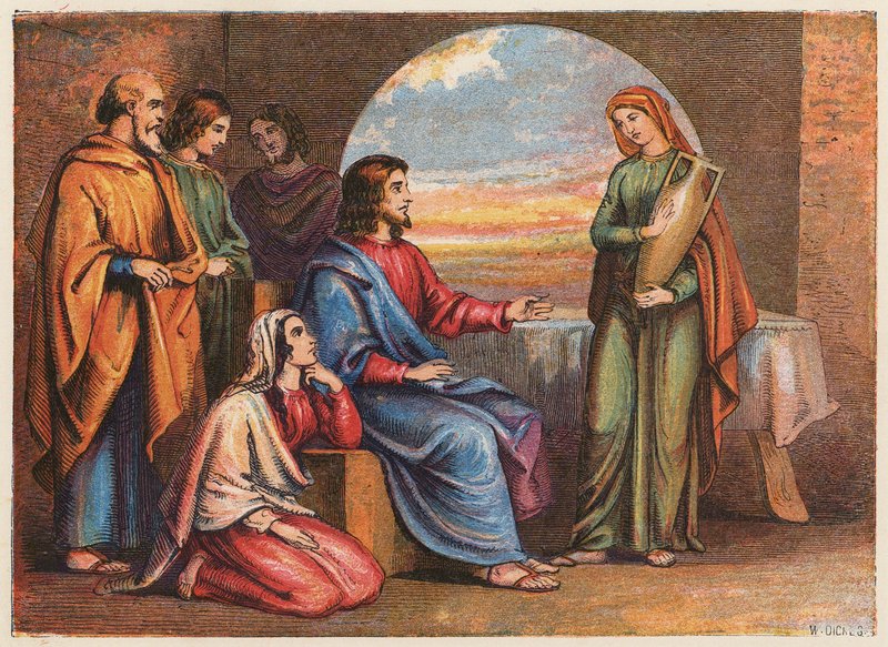 Lázaro y sus hermanas (litografía en color) de English School
